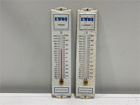 2 VINTAGE ‘EWOS’ THERMOMETERS MADE IN USA (13”)