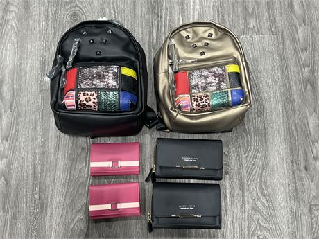 2 NEW BACKPACKS + 4 NEW WOMENS WALLETS / CLUTCHES