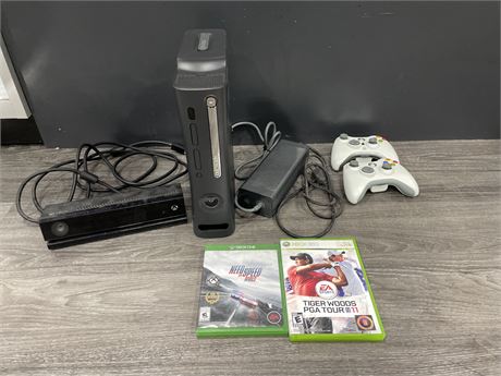 XBOX360 W/ CORDS, 2 CONTROLLERS, 2 GAMES & KINECT
