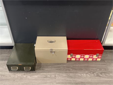 3 STORAGE BOXES / ORGANIZERS - 2 METAL - LARGEST IS 16”x10”x10”