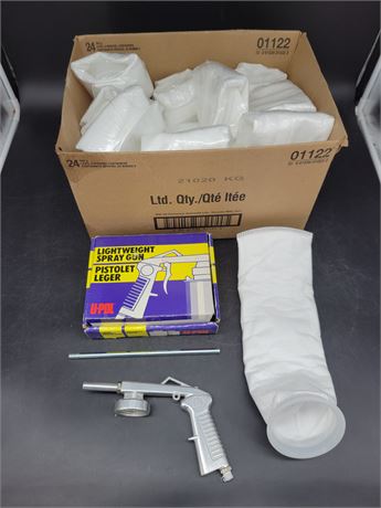 PAINT SPRAY GUNS AND BOX OF CHEESECLOTH STRAINERS