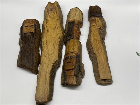 4 HAND CARVED FOLK ART FACES ON DRIFTWOOD SOME SIGNED