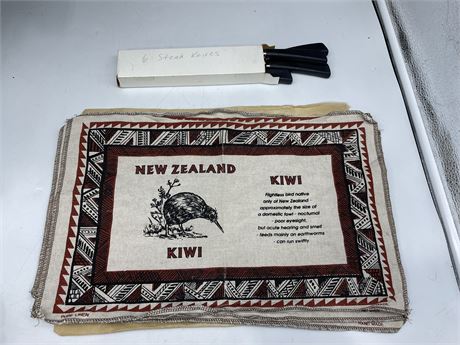 NEW ZEALAND PLACE MATS & 6 STEAK KNIVES