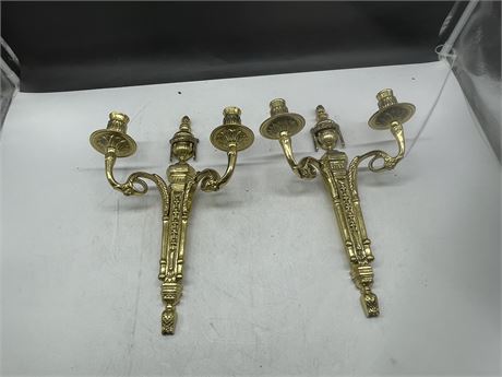 2 HEAVY BRASS WALL SCONE CANDLE HOLDERS 14”