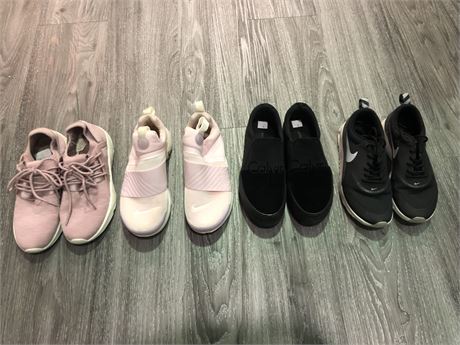 4 PAIRS OF WOMENS ATHLETIC/CASUAL SHOES. 2 NIKE 1 CHAMPION 1 CALVIN KLEIN SIZE 6