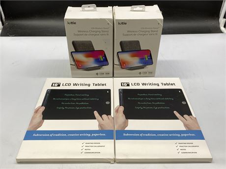 2 NEW 10” PINK LCD WRITING TABLETS & 2 NEW iON WIRELESS PHONE CHARGING STANDS