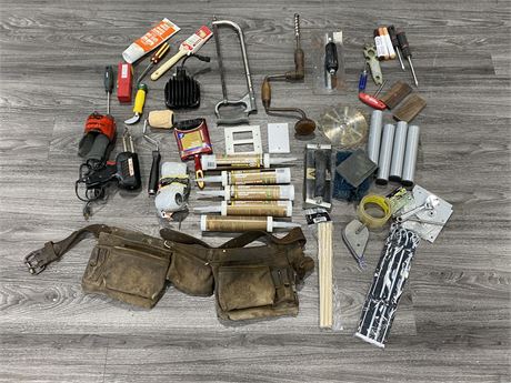LOT OF MISC TOOLS & VINTAGE CASE W/MISC ITEMS