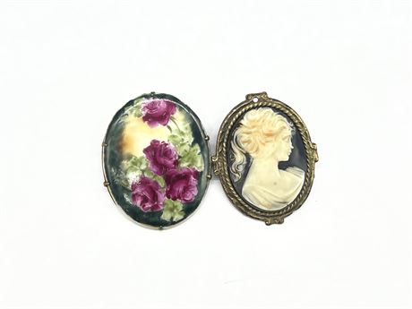 ANTIQUE CAMEO BROOCH & VICTORIAN PORCELAIN HAND PAINTED BROOCH - BOTH 2”