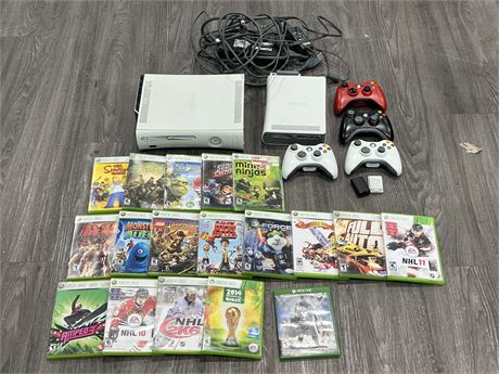 XBOX 360 W/ACCESSORIES, CONTROLLERS & GAMES