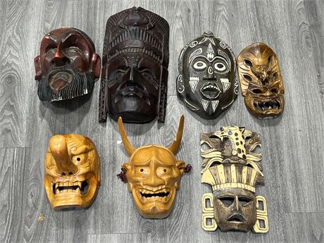 7 WOOD MASK WALL PIECES - TALLEST IS 16”