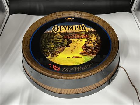 VINTAGE LIGHT UP OLYMPIA SIGN - LIGHTS UP, MOTION LAMP DOES NOT WORK (19” wide)