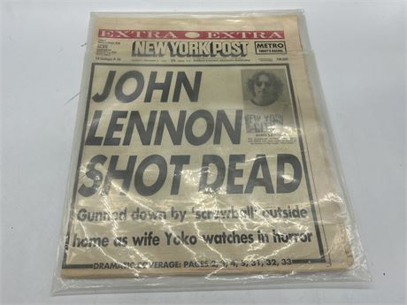 RARE NEW YORK POST JOHN LENNON SHOT DEAD NEWSPAPER - EX. CONDITION