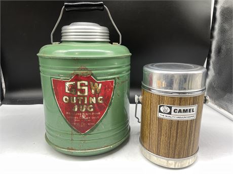 VINTAGE GSW OUTING JUG W/ONE GALLON CROCK LINER & 60S CAMEL WIDE MOUTH THERMOS