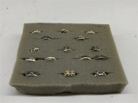 15 STERLING SILVER RINGS (14 small 1 large)