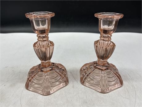 VINTAGE PINK GLASS CANDLE HOLDERS - 5.5”