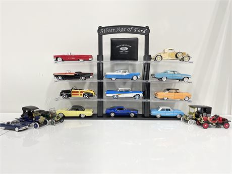 SILVER AGE OF FORD ARKO PRODS 16 DIE CAST CARS & STAND W/COA