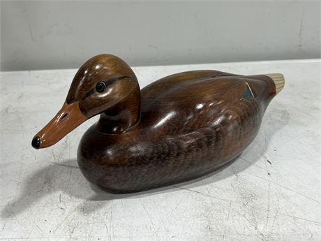 VINTAGE SIGNED WOOD DUCK W/GLASS EYES (16”)