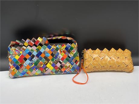 2 SMALL CANDY WRAPPER PATTERN PURSES - LARGER ONE IS 10” WIDE