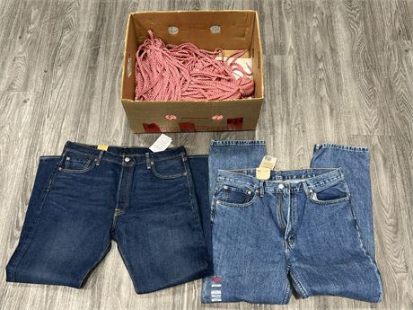 2 PAIRS OF NEW LEVIS JEANS & BOX OF SHOELACES
