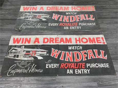 1960’S 2 ROYALITE OIL CANVAS GAS STATION BANNER (33”X76”)