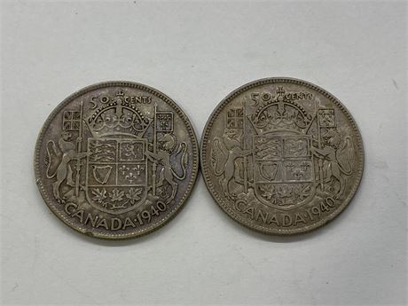 TWO 1940 SILVER FIFTY CENT COINS