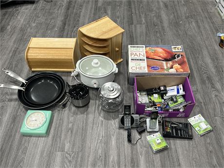 HOUSEHOLD / APPLIANCE LOT - SLOWCOOKER, PHONES, ADAPTERS, PANS, ETC