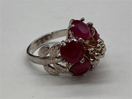 VICTORIAN RUBY SET 925 STERLING FLORA RING
