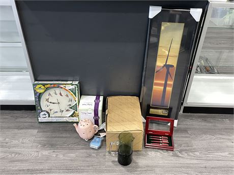 MISC ITEMS LOT - NEW CLOCK / PIC FRAME + PEN SET + GLASSWARE + SCENTSY