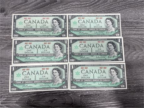 (6) 1967 CANADIAN $1 BILLS