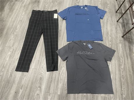 (NEW) 2 HOLLISTER T-SHIRTS SIZE L & H&M 4-WAY STRETCH SLIM FIT PANTS (WITH TAGS)