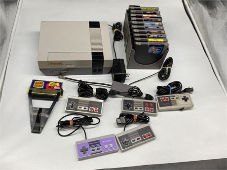 NINTENDO SYSTEM W/ 10 GAMES, CONTROLLERS, & GAME GENIE