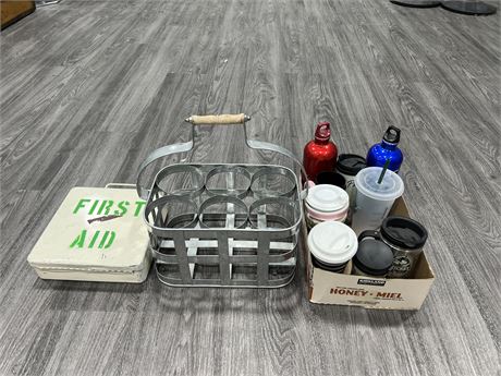 VINTAGE FIRST AID KIT (FULL) + GALVANIZED WINE HOLDER & LOT OF MUGS & THERMOS