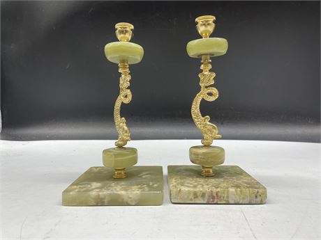2 STONE BRASS CANDLE HOLDERS 8”
