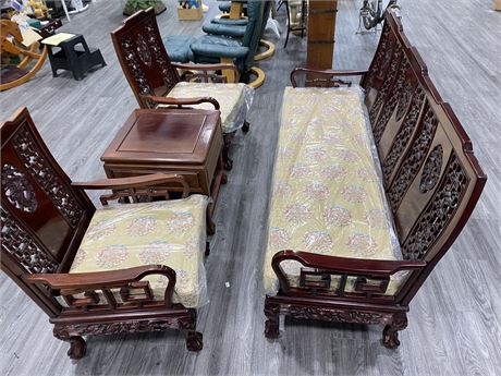 (NEW) 4 PIECE CHINESE ROSEWOOD CHAIR / BENCH SET W/SIDE TABLE (SEE DESCRIPTION)