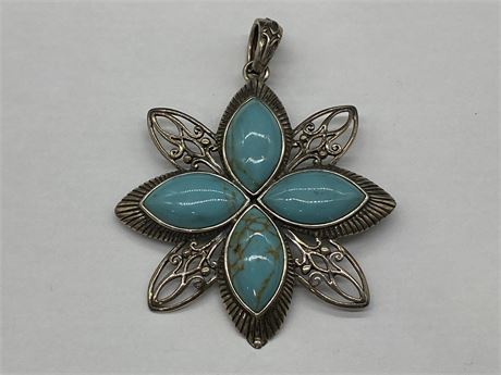 LARGE STERLING TURQUOISE BROACH (2”)