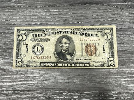 US WWII $5 BANK NOTE, OVER PRINTED ‘HAWAII’