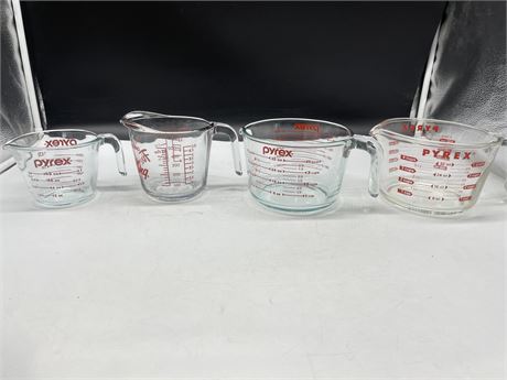 3 PYREX MEASURING CUPS + FIRE-KING MEASURING CUP