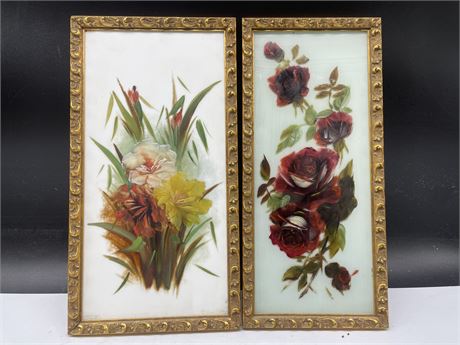 2 VINTAGE GLASS PAINTED FLORAL PICTURES LARGEST 7”x13”