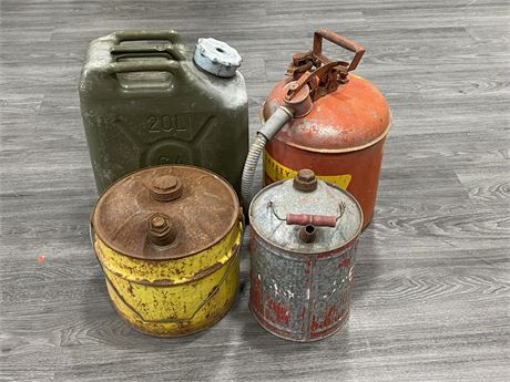 4 VINTAGE GAS CANS (19” TALLEST)