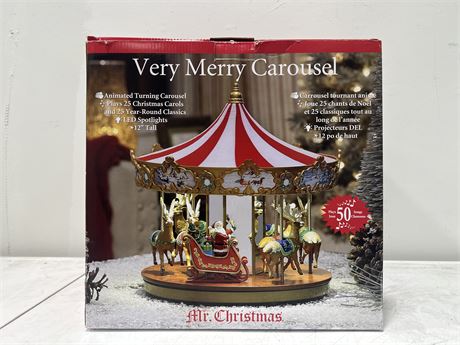 NEW IN BOX - LARGE VERY MERRY CHRISTMAS CAROUSEL - BOX IT COMES IN IS 14”x14”x14