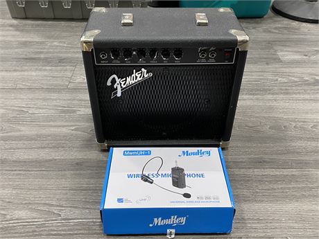 FENDER “FRONTMAN” AMP (13”X12”) & MOUKEY WIRELESS MICROPHONE