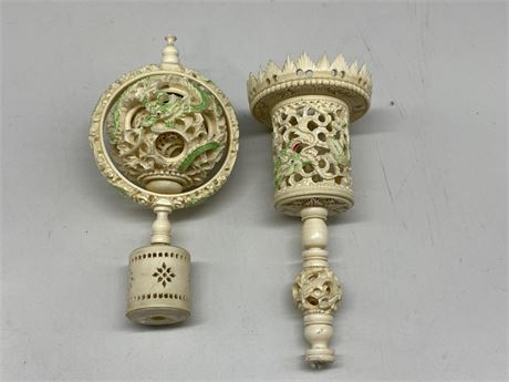 CHINESE IVORY PUZZLE BALL & STAND (7” long each piece)
