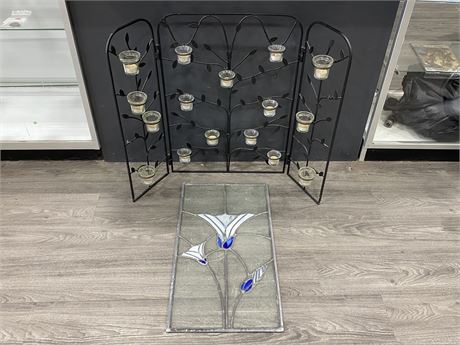 WROUGHT IRON CANDLE HOLDER & STAINED GLASS (15.5”X28”)
