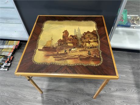 VINTAGE 1950’S FOLDING CARD TABLE WITH SCENE 30”x30”