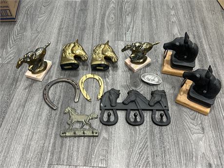 LOT OF HORSE DECOR / COLLECTABLES - CAST IRON, BRASS, ETC