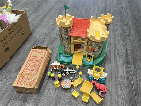 VINTAGE FISHER PRICE CASTLE W/ACCESSORIES (17” tall)