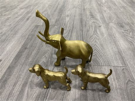 VINTAGE SOLID BRASS ELEPHANT & DOGS - ELEPHANT IS 9” LONG