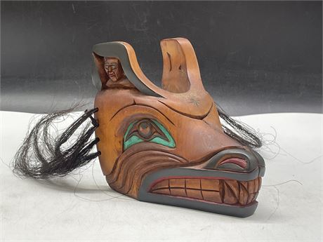INDIGENOUS WOODEN CARVED SIGNED WOLF MASK (6”x6”x4”)