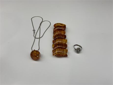 STERLING S. BALTIC AMBER PENDANT NECKLACE w/RECONSTRUCTED AMBER BRACELET & RING
