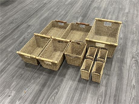 10 MISC SIZED SEAGRASS BASKETS - LARGEST 20” X 14”